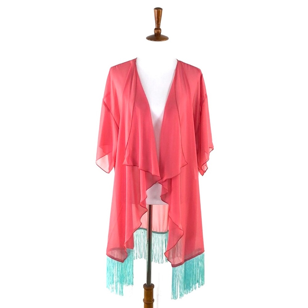 LuLaRoe Sheer Pink & Teal Fringe Monroe Kimono, Large